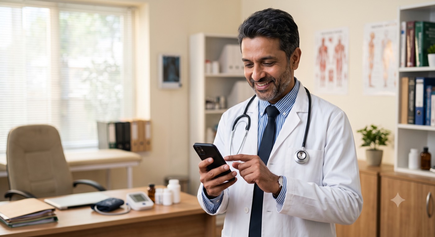 Indian doctor using the RxVarta ambient AI scribe on a smartphone in an OPD clinic